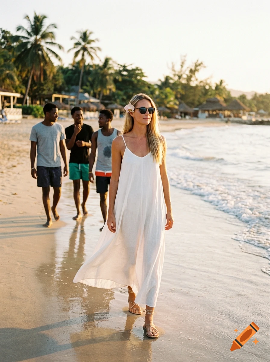 A blonde woman in a white dress and sunglasses walking along a sandy beach, with three men walking behind her.