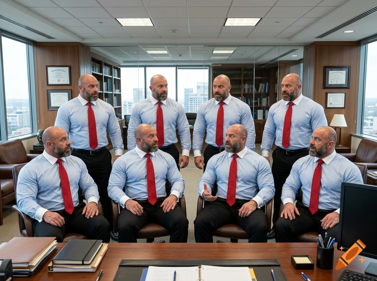 Eight identical muscular men with bald heads and beards, wearing light blue dress shirts, red ties, and dark trousers, gathered in a corporate boardroom.