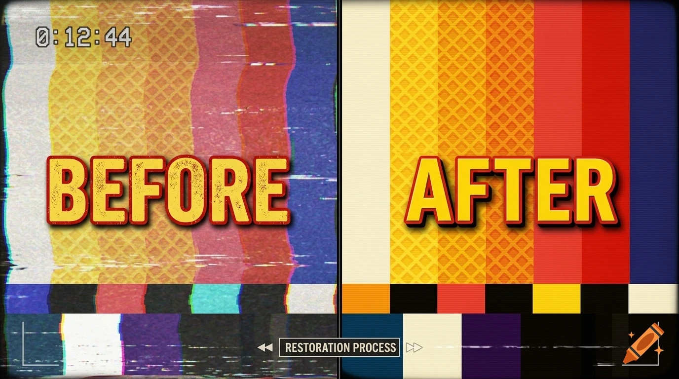 Before and after comparison of a video color restoration showing heavy static and distortion on the left and a clean image on the right.