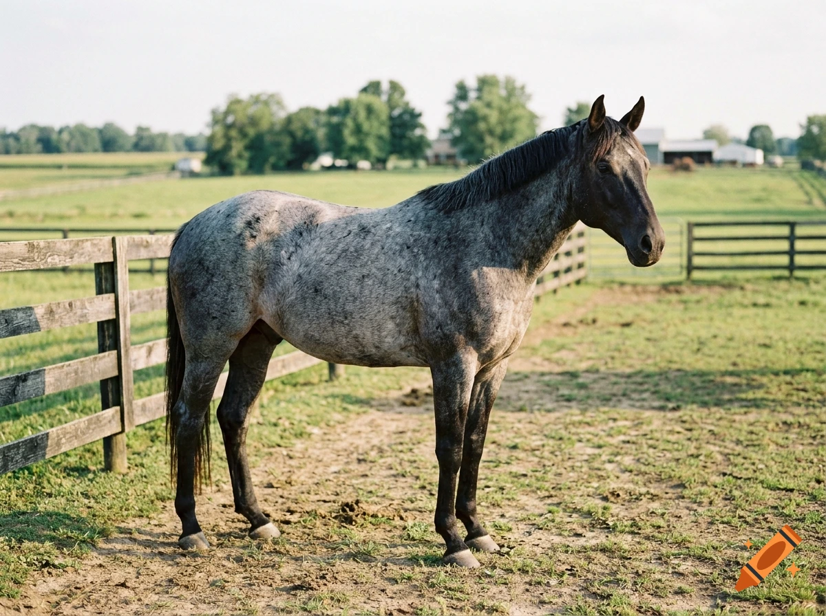 A roan horse standing in a paddock next to a wooden fence on a sunny day.