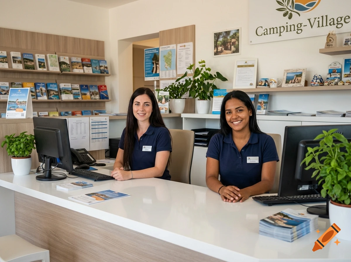 Two women working at a reception desk inside a camping village office, with computers and brochures visible.