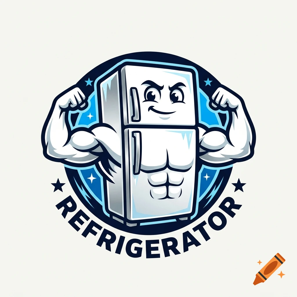 An illustration of a cartoon refrigerator with muscular arms flexing, set inside a circular badge with the word REFRIGERATOR underneath.