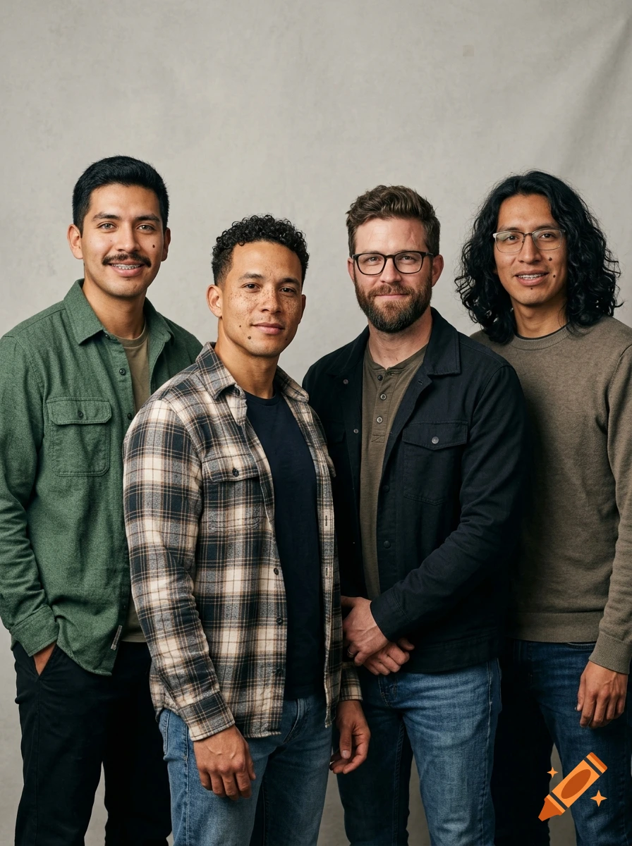 Photorealistic studio portrait of four diverse young men standing together against a neutral background.