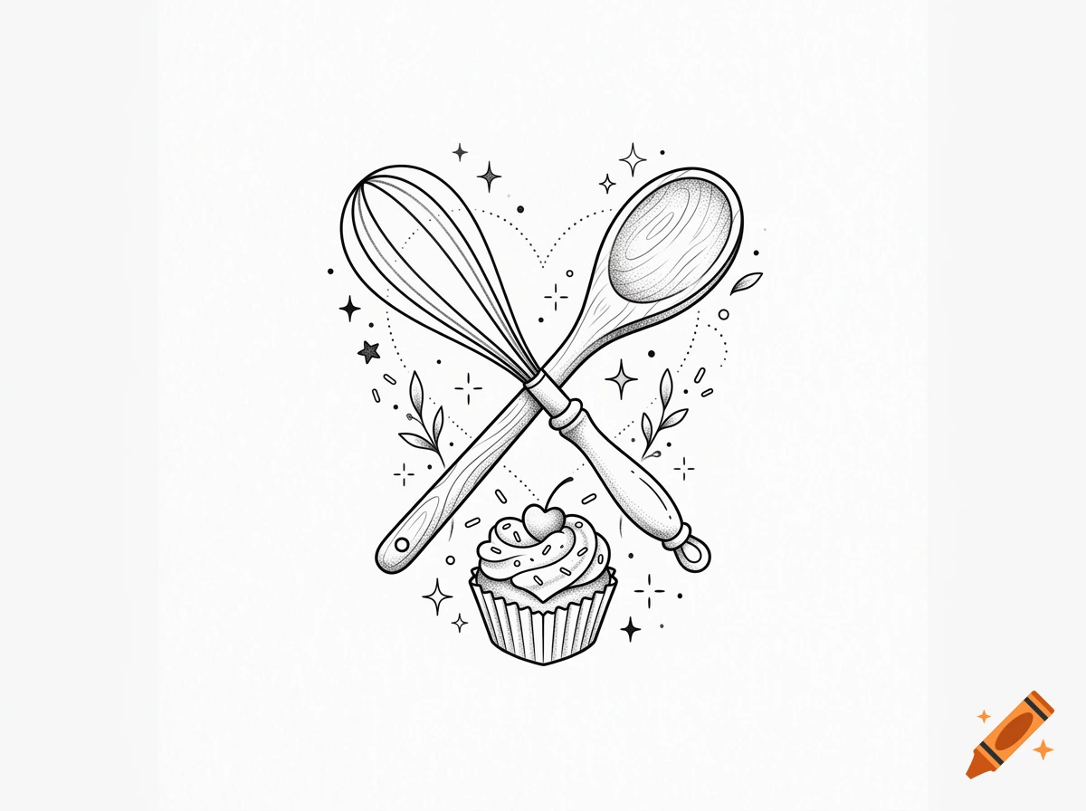 Black and white stipple tattoo design featuring crossed whisks, a wooden spoon, and a cupcake with a cherry.