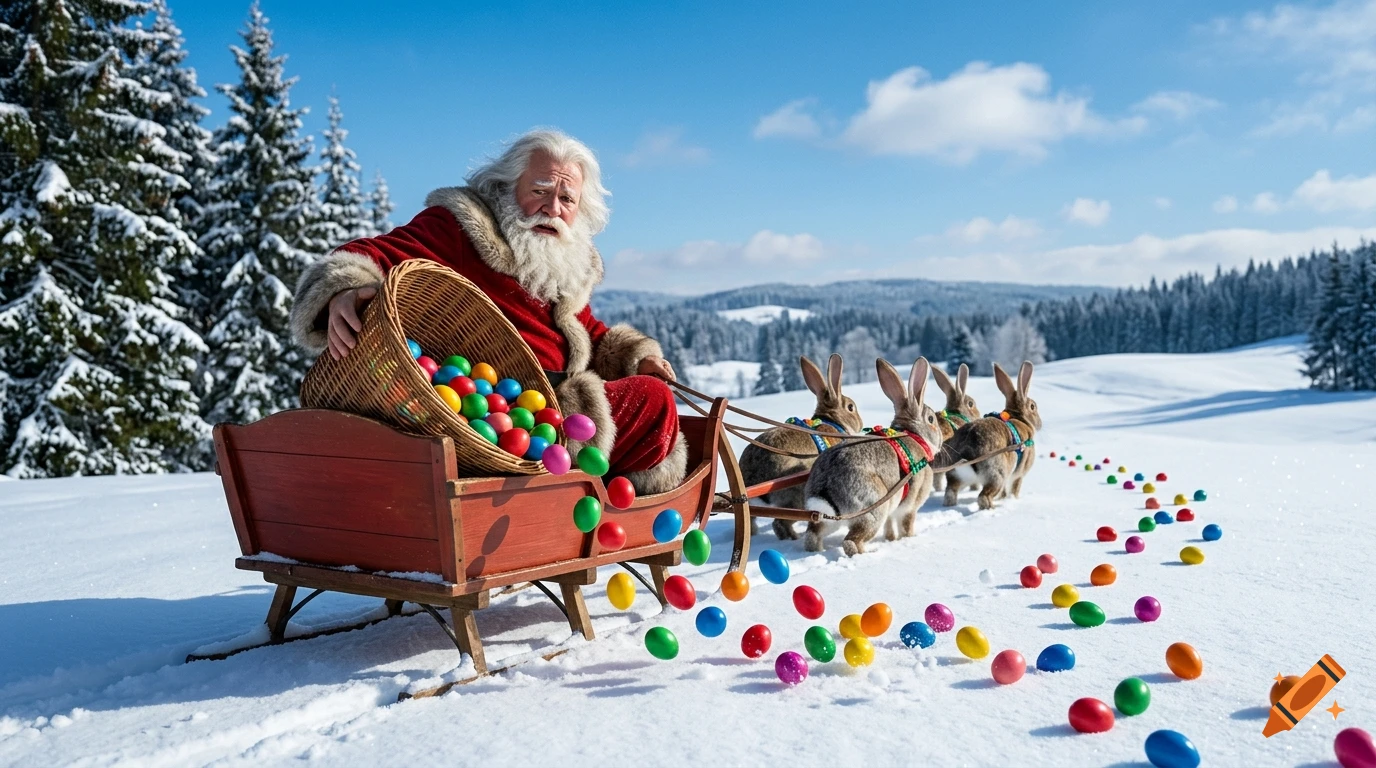 Santa Claus in a red sleigh pulled by Easter bunnies through a snowy winter landscape, dropping colorful Easter eggs.