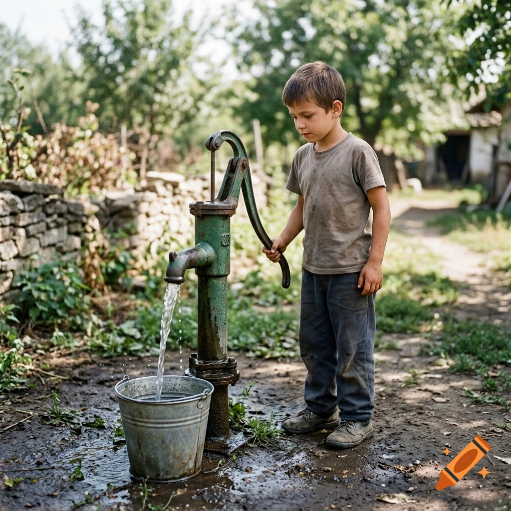 Photorealistic image of a young boy pumping water from an old green hand pump into a metal bucket in a rustic setting.