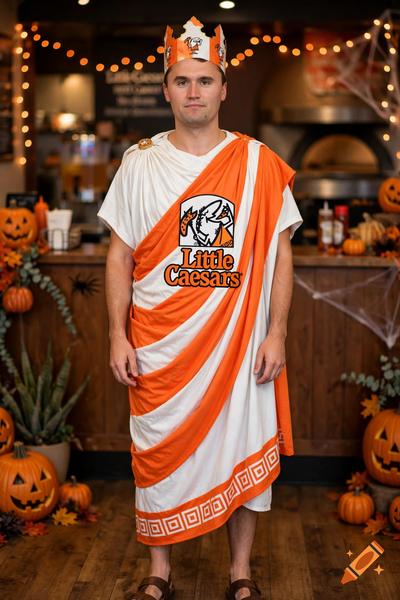 Photorealistic image of a man wearing a Little Caesars toga and crown costume in front of a pizza shop with Halloween decorations.