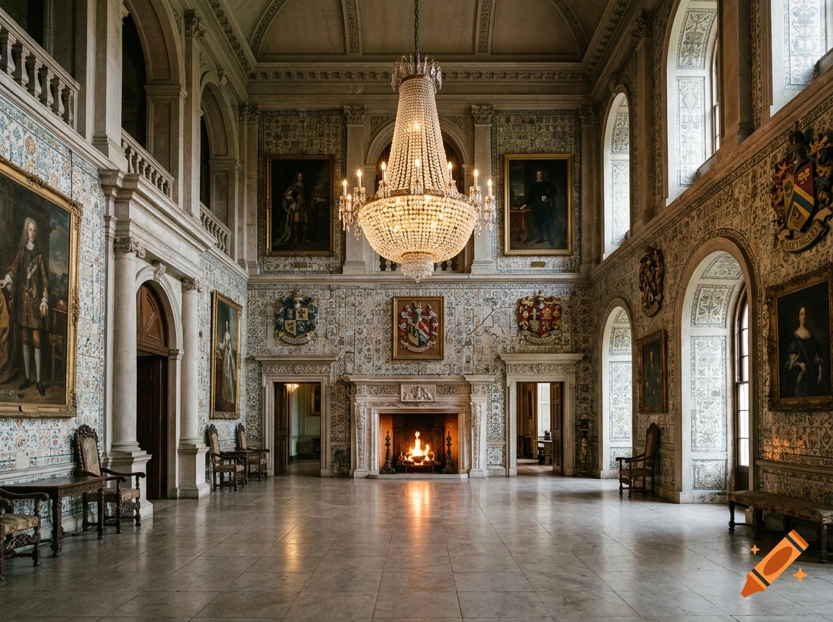 An ornate historic grand hall featuring tiled walls, framed portraits, a fireplace with a lit fire, and a massive crystal chandelier hanging from the vaulted ceiling.