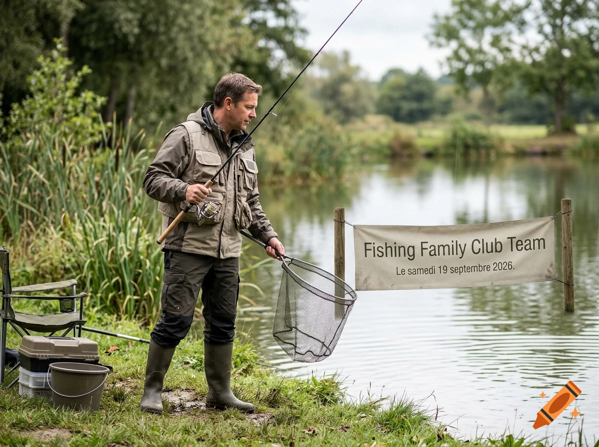 Photorealistic image of a man holding a fishing rod and landing net by a calm pond, with a sign reading 'Fishing Family Club Team'.