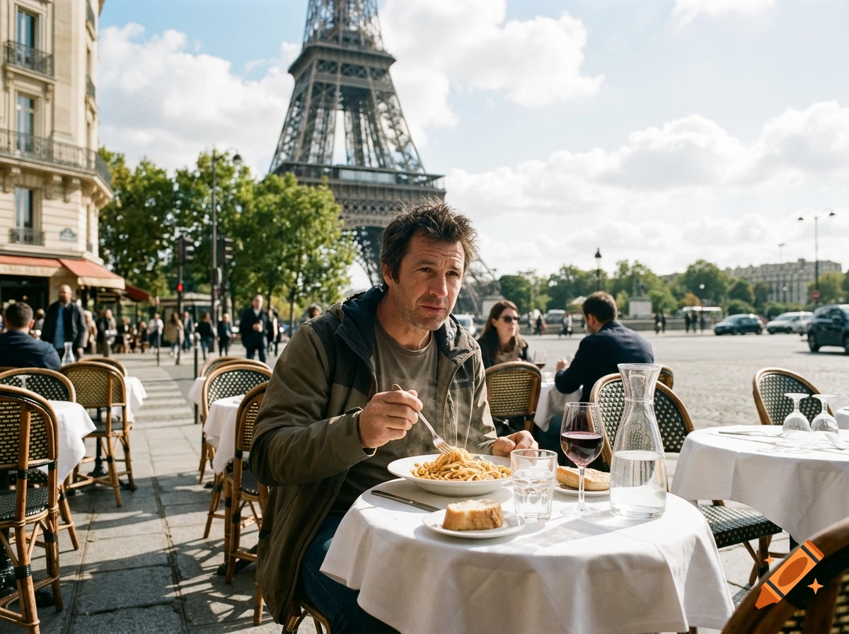Photorealistic photo of a man eating pasta at an outdoor café with the Eiffel Tower in the background in Paris.