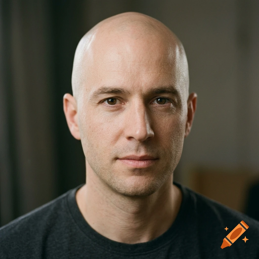 Close-up portrait of a bald man with brown eyes and light stubble wearing a dark t-shirt.