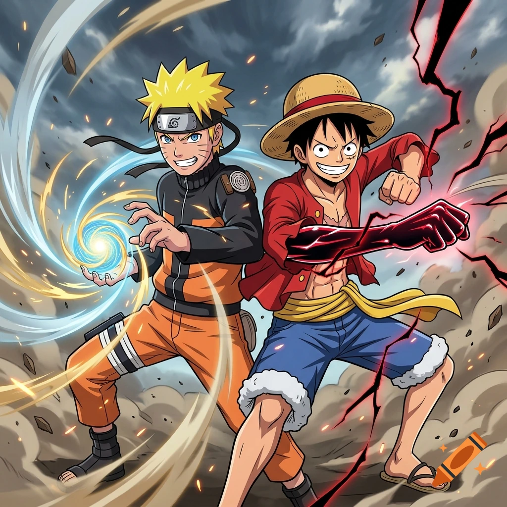 Anime style illustration of Naruto Uzumaki and Monkey D. Luffy standing side by side in a dynamic action pose.