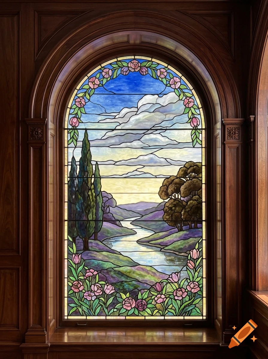 An arched stained glass window depicting a river landscape with rolling hills, trees, and flowers under a cloudy blue sky, framed by dark wood paneling.
