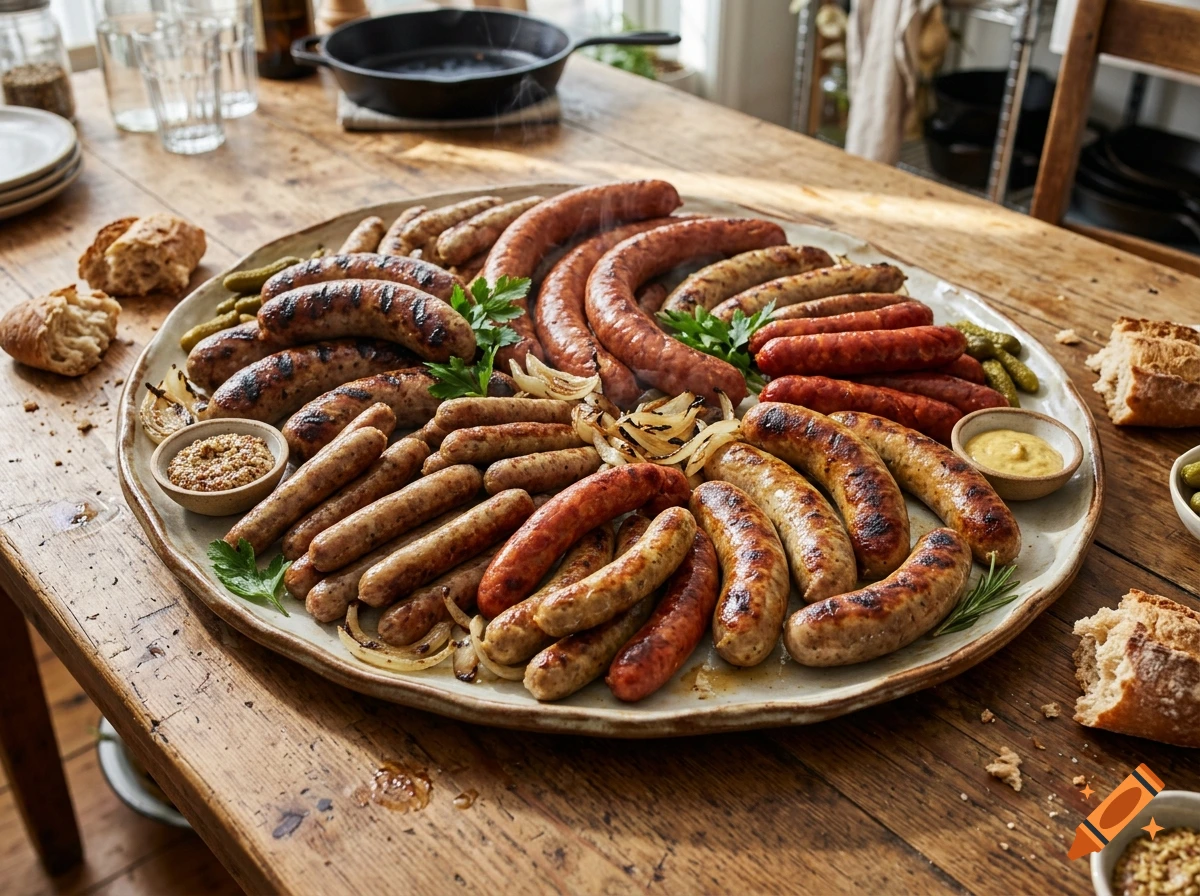 Photorealistic overhead shot of a large assortment of grilled sausages on a rustic wooden table.
