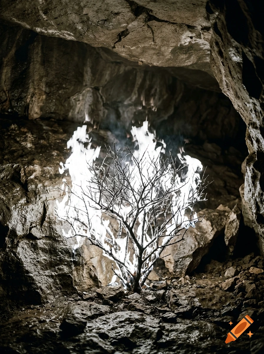 Photorealistic image of a small tree with pure white fire burning inside a rocky cave.