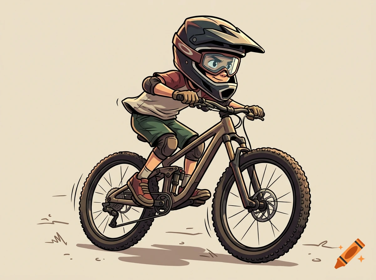 Illustration of a young person wearing a full-face helmet and protective gear while riding a mountain bike.