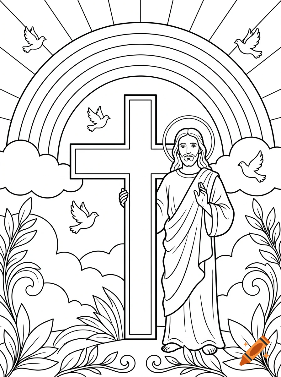Black and white coloring page of Jesus standing beside a cross with doves, a rainbow, and clouds in the background.