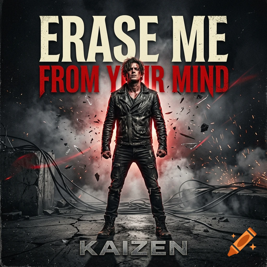 A man in a leather jacket and jeans stands amidst smoke, debris, and glowing sparks with the text ERASE ME FROM YOUR MIND and KAIZEN visible.