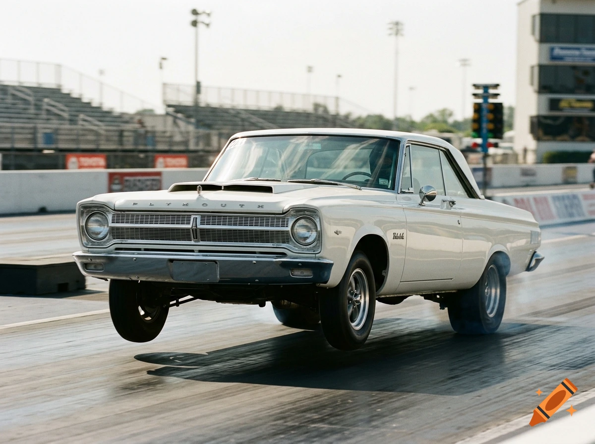 Photorealistic image of a white 1965 Plymouth Belvedere doing a wheelie on a drag strip.