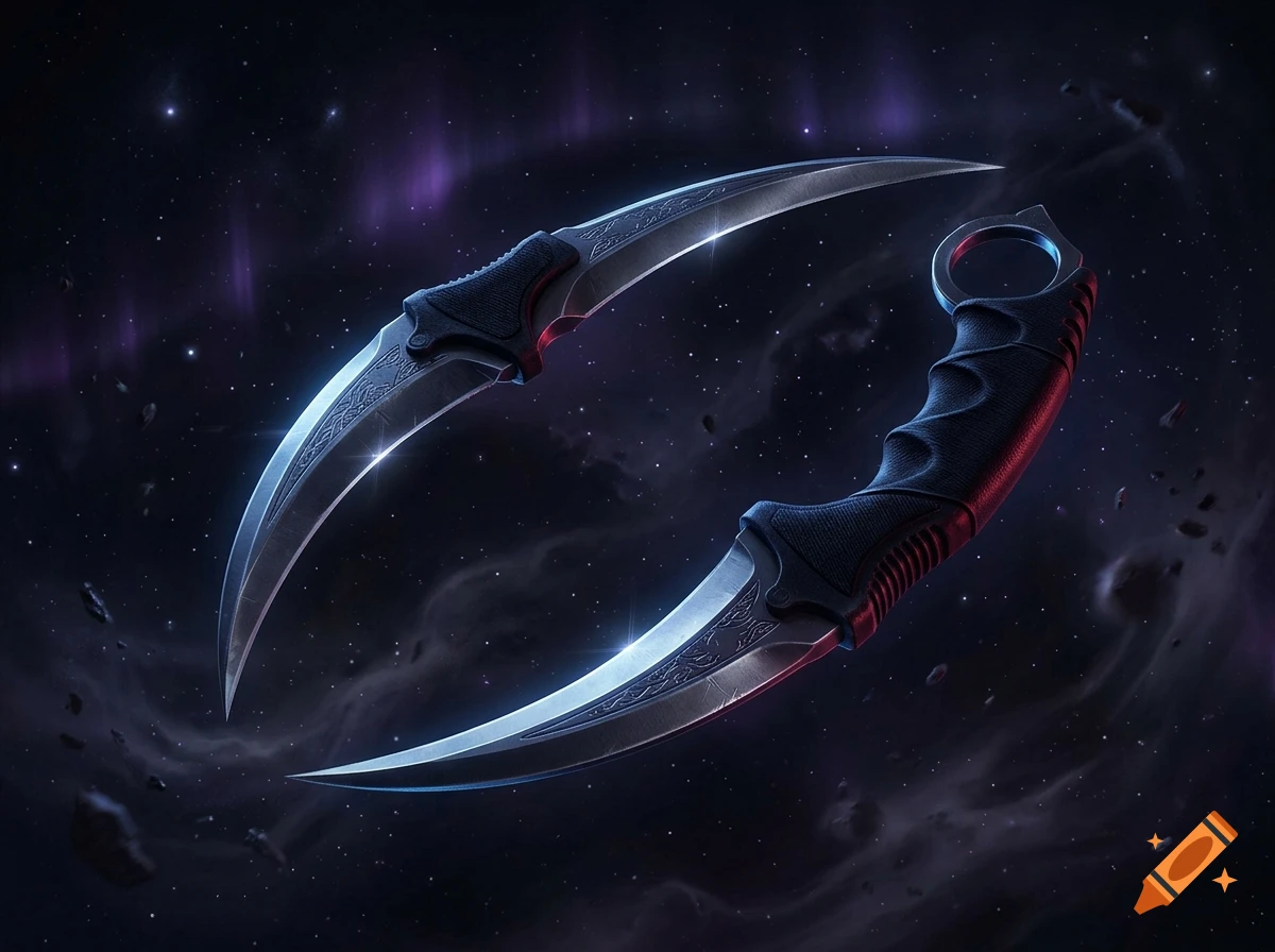 Two curved tactical knives with dark textured handles floating against a dark starry space background with cosmic nebulae.