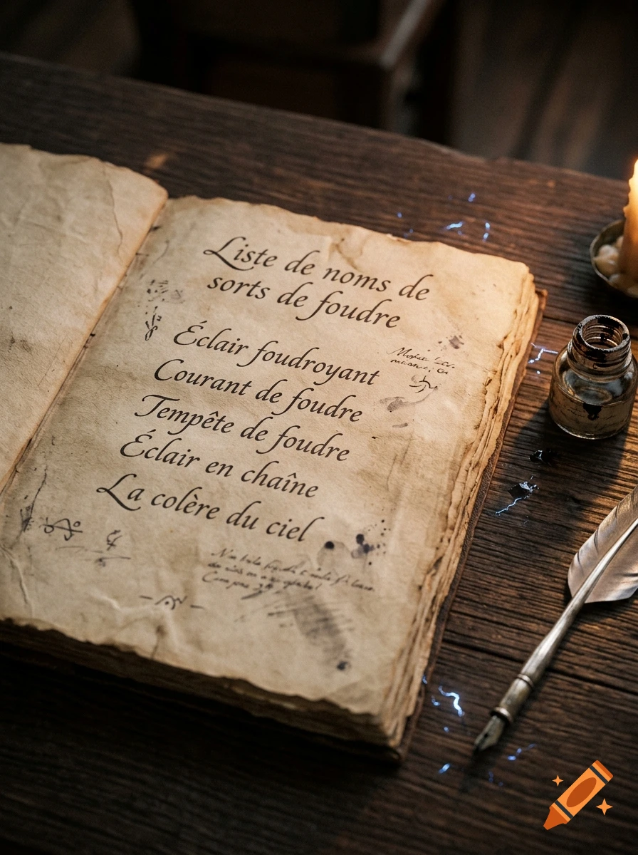 An open old book with handwritten cursive text on aged paper, placed on a wooden table alongside an inkwell, a quill pen, and a lit candle.