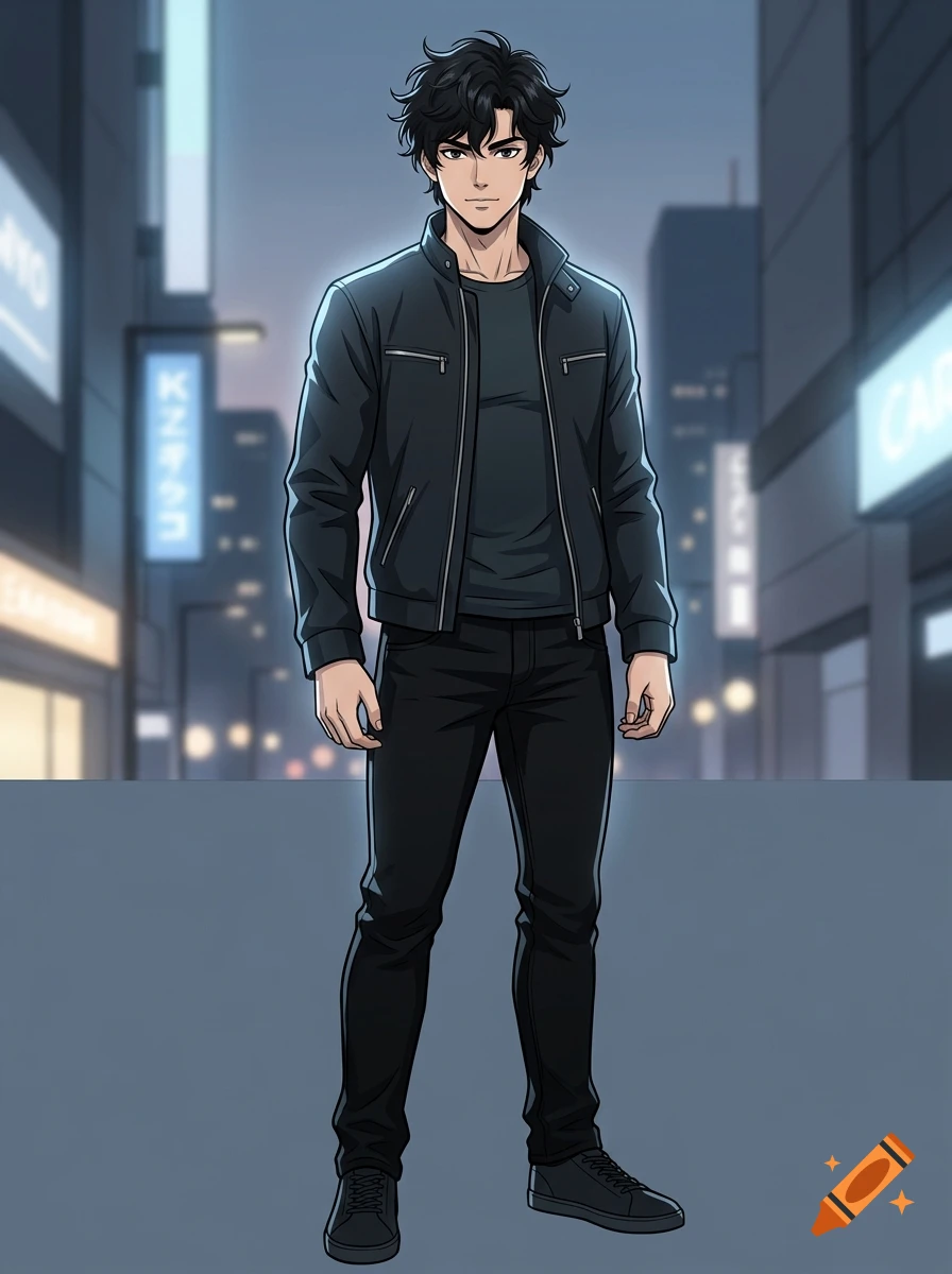 An anime-style illustration of a young man with dark, messy hair, wearing a black jacket and jeans, standing on a city street at night.