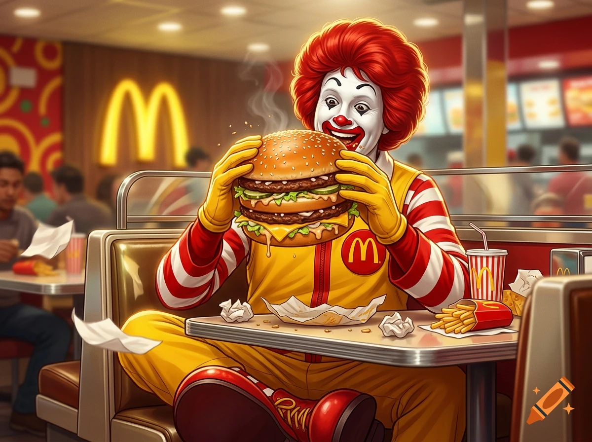 Illustration of Ronald McDonald sitting in a diner booth happily eating a large double burger.