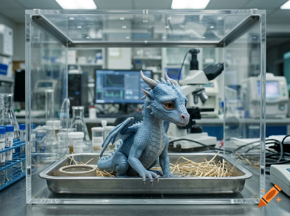 Photorealistic image of a small blue baby dragon sitting inside a clear acrylic cage in a science laboratory.