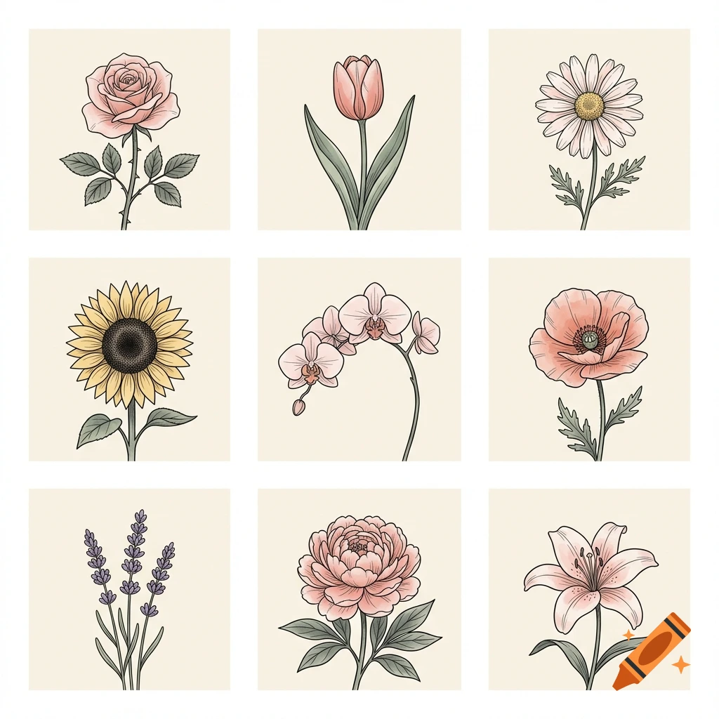 A grid of nine illustrated botanical panels, each depicting a different type of flower in muted pastel tones with dark outlines.