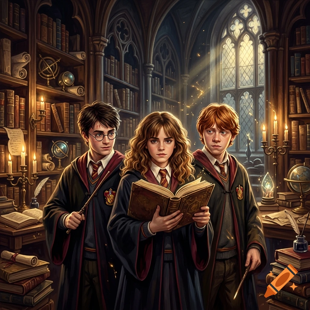 Three young wizards in school robes stand in an ancient library filled with books and glowing candles, with one holding an open spellbook.