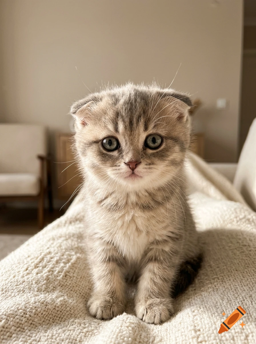 A small Scottish Fold kitten with grey and beige tabby fur sitting on a textured cream-colored blanket indoors.