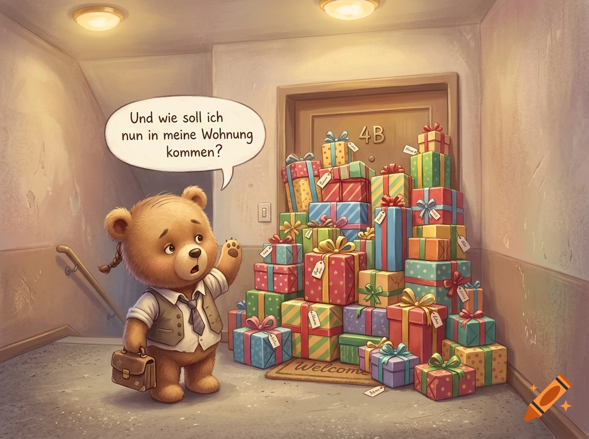 An illustration of a cartoon bear standing in a hallway holding a briefcase, looking bewildered at a massive pile of wrapped gifts blocking its apartment door.