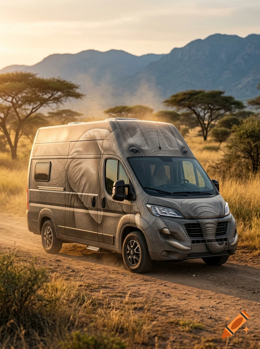 Photorealistic camper van styled with an elephant design parked on a dirt road in an African savanna with mountains in the background.