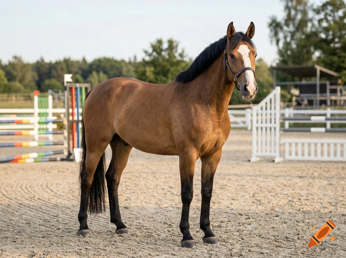 Photorealistic image of a bay horse standing in an equestrian arena with obstacles in the background.