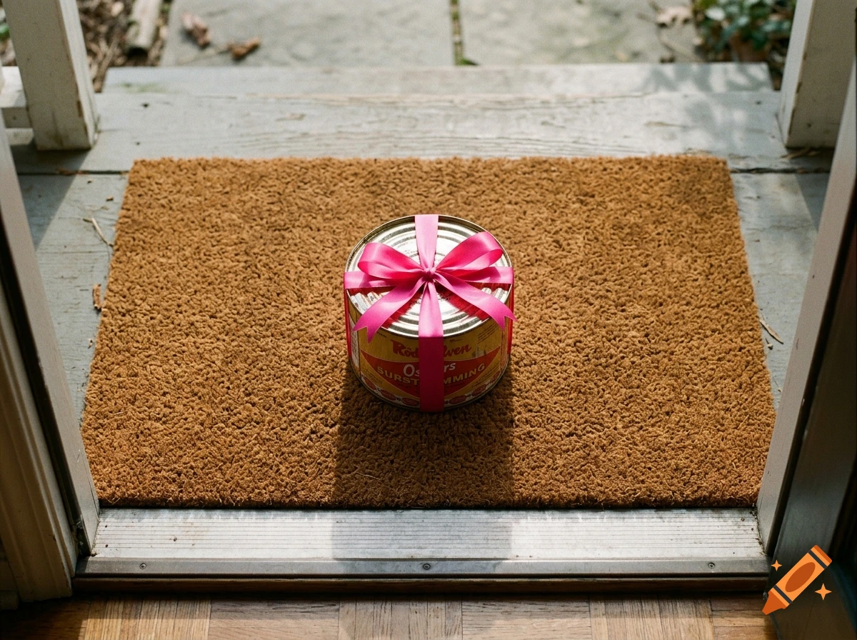 A cylindrical can tied with a pink ribbon sits on a brown coir doormat outside a doorway.