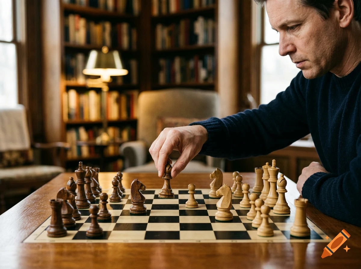 Photorealistic close-up of a man playing chess in a cozy room with bookshelves in the background.