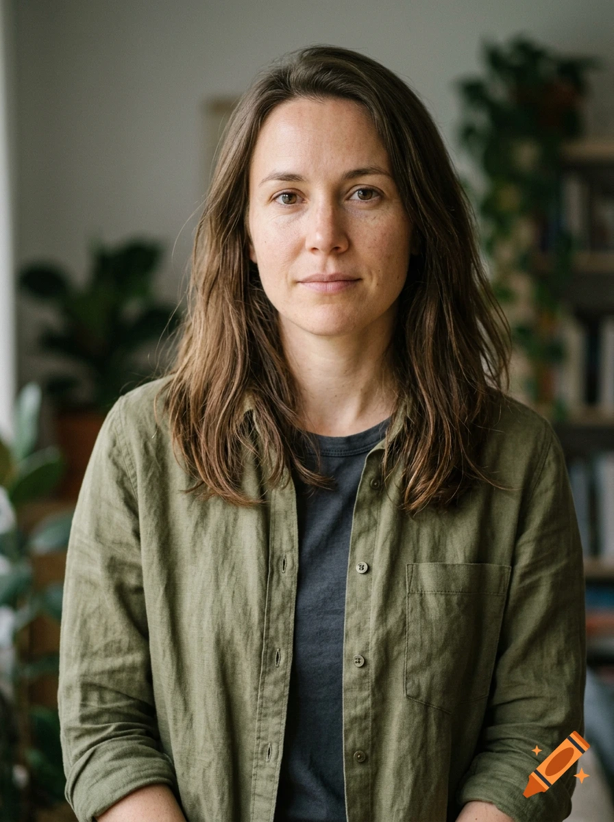 Photorealistic medium shot of a woman with brown hair wearing an olive green button-down shirt indoors.