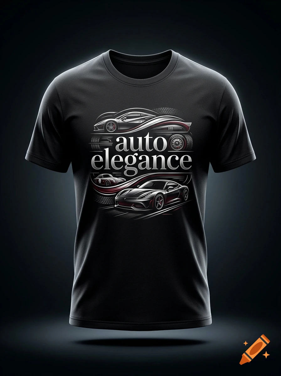 A black t-shirt featuring a stylized graphic design of cars and the text "auto elegance" on the chest.