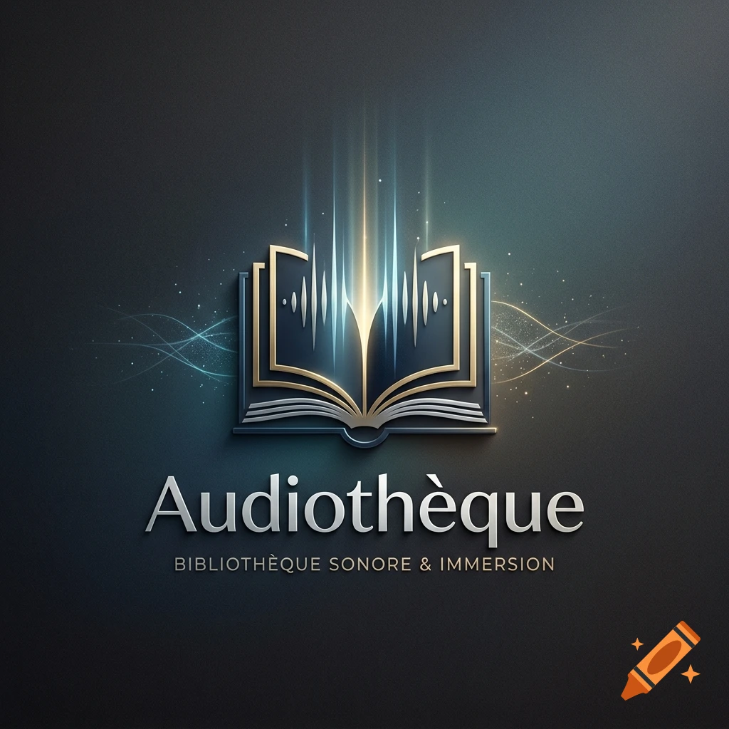 Luxurious logo design with an open book and soundwave graphics, featuring the text Audiothèque.