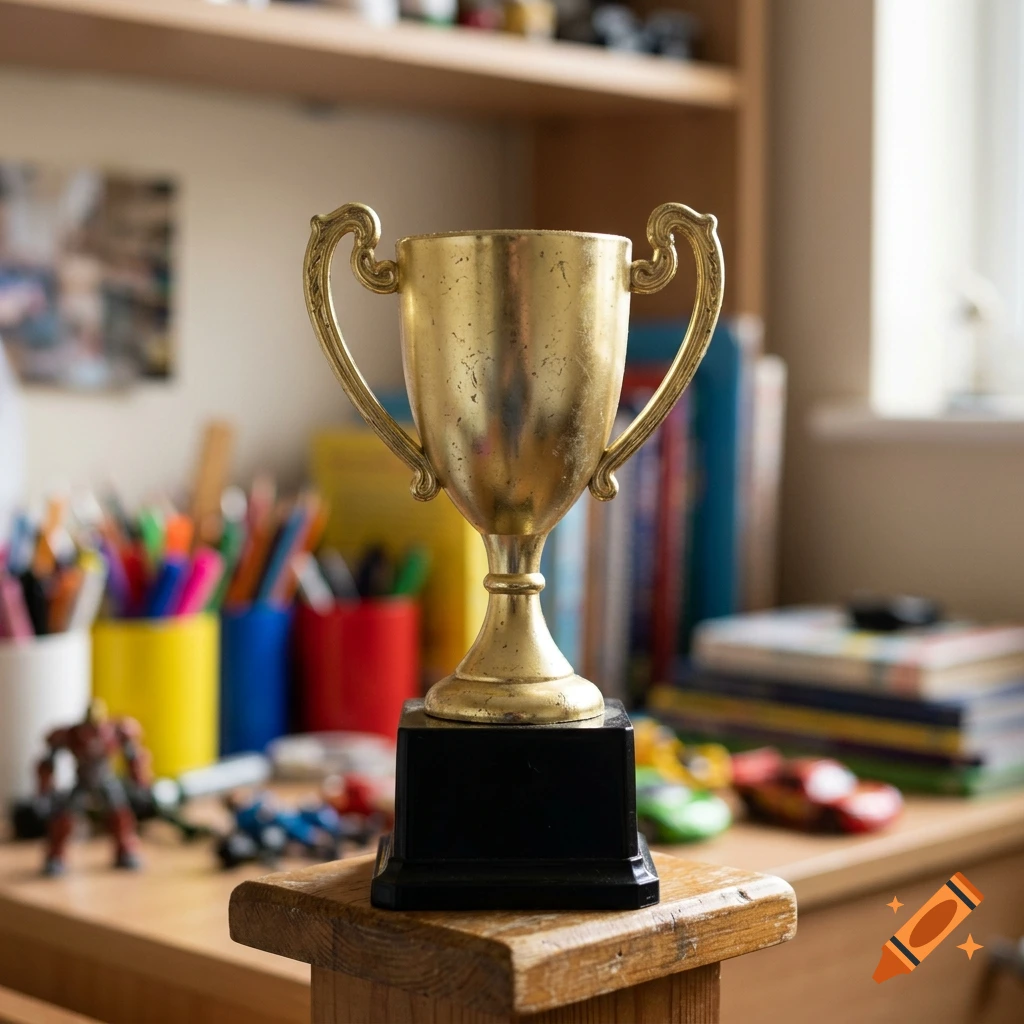 A gold-colored trophy cup with a dark base stands in the foreground, with a cluttered desk, books, and containers holding pens in the blurred background.