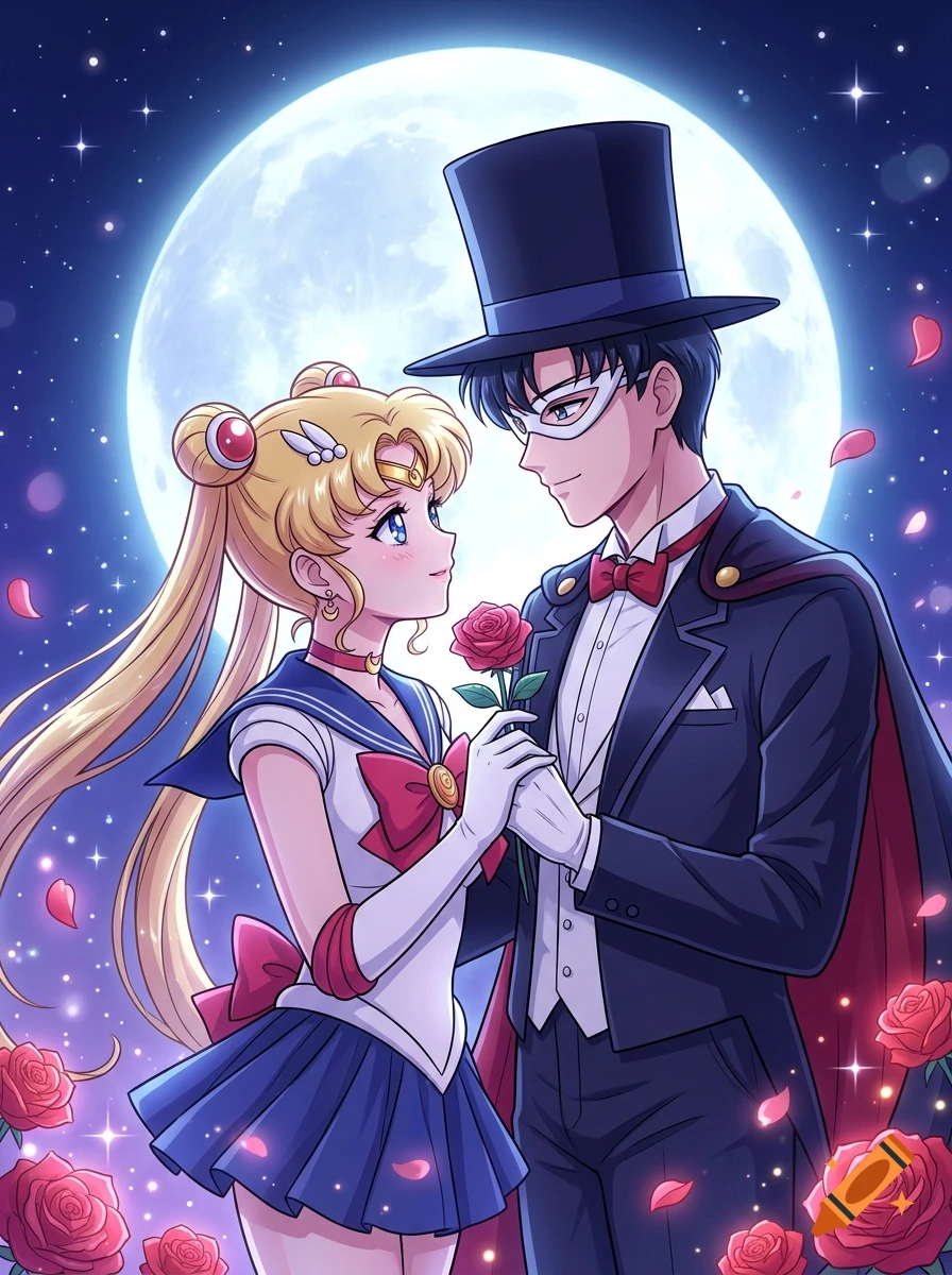 Anime illustration of Sailor Moon and Tuxedo Mask standing together holding a rose in front of a full moon and starry night sky.