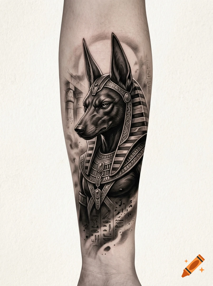 Realistic black and grey tattoo of Anubis in a 3/4 profile with Egyptian headdress and hieroglyphs on a forearm.