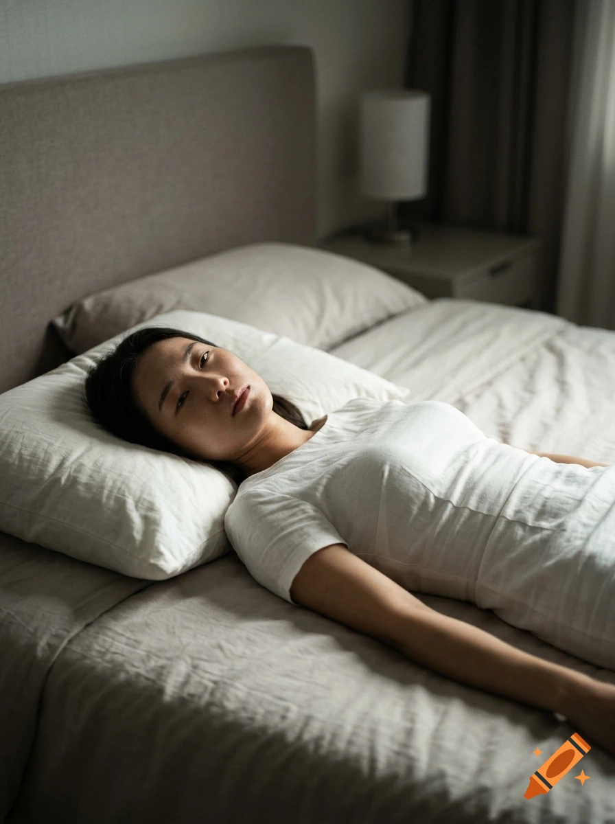 A woman lying awake on a bed in a softly lit bedroom.
