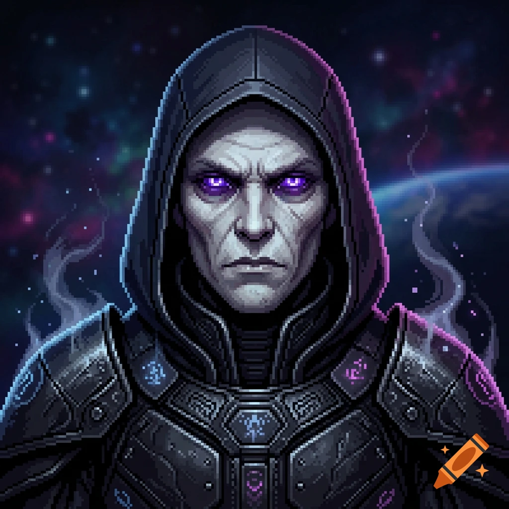 A pixel art portrait of a hooded sci-fi character with glowing purple eyes and dark armor against a starry space background.