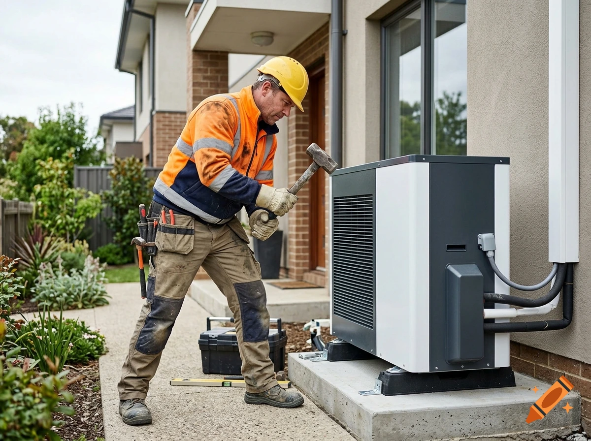 Photorealistic image of a handyman wearing a yellow hard hat and high-vis jacket using a hammer near an outdoor heat pump.
