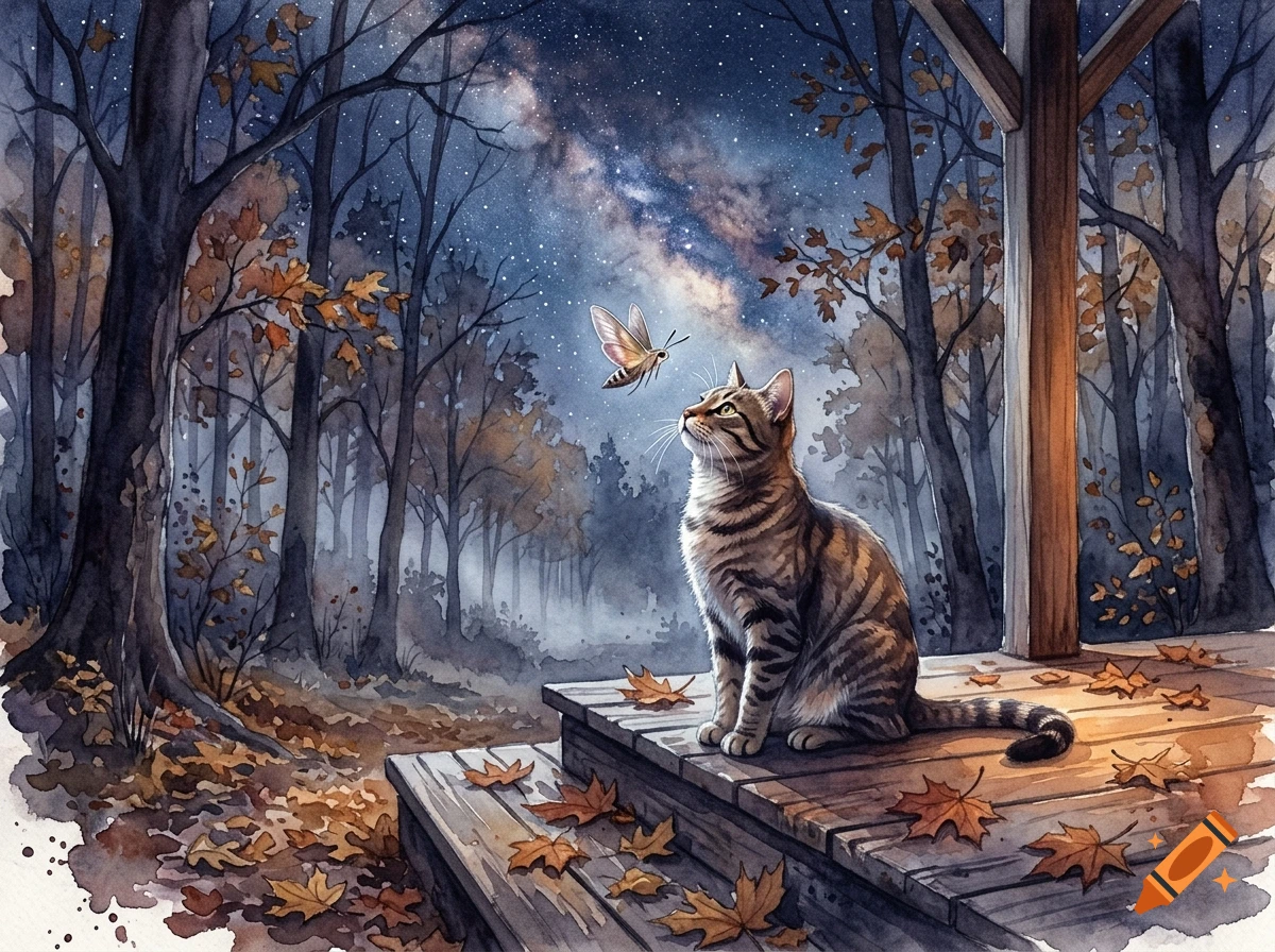 Watercolor painting of a tabby cat on a porch at night looking up at a moth under a starry milky way sky in the forest.
