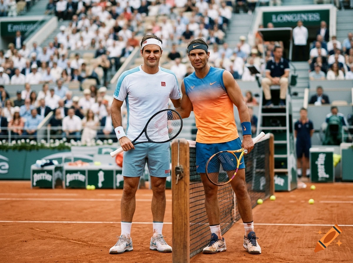 Photorealistic image of tennis players Roger Federer and Rafael Nadal standing on a clay court.