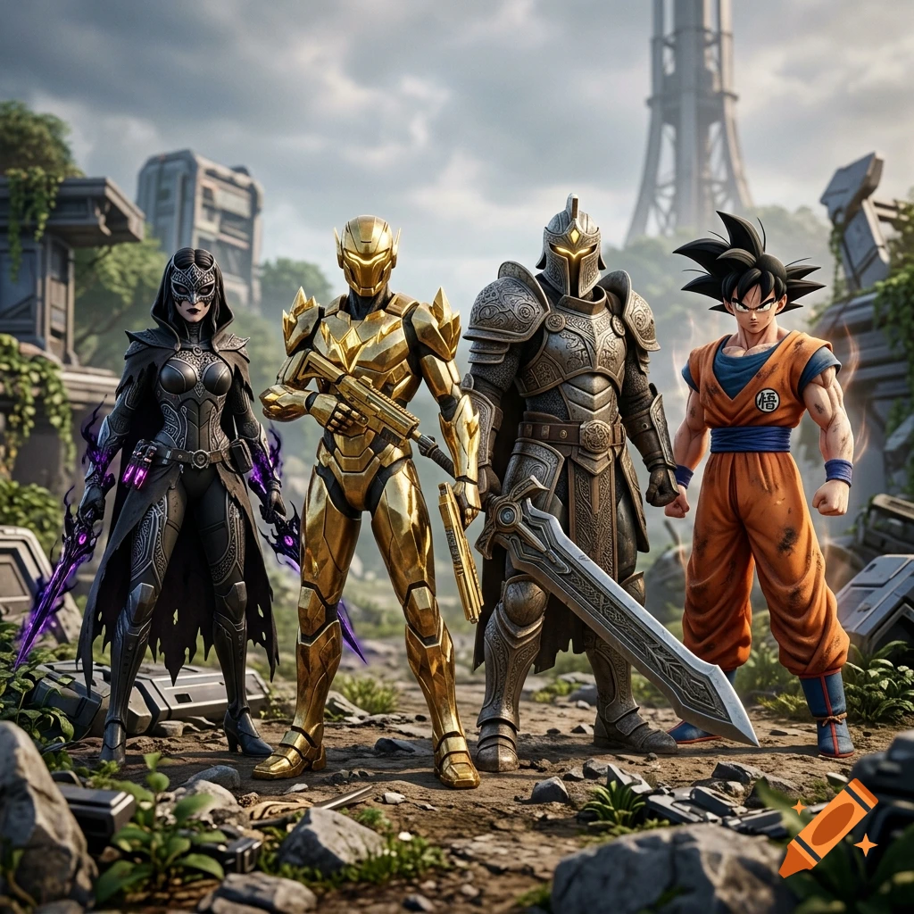 Four video game and anime characters standing in a ruined landscape with a tall futuristic tower in the background.
