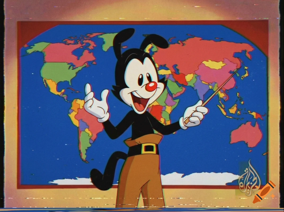 An animated character stands in front of a colorful world map holding a pointer.