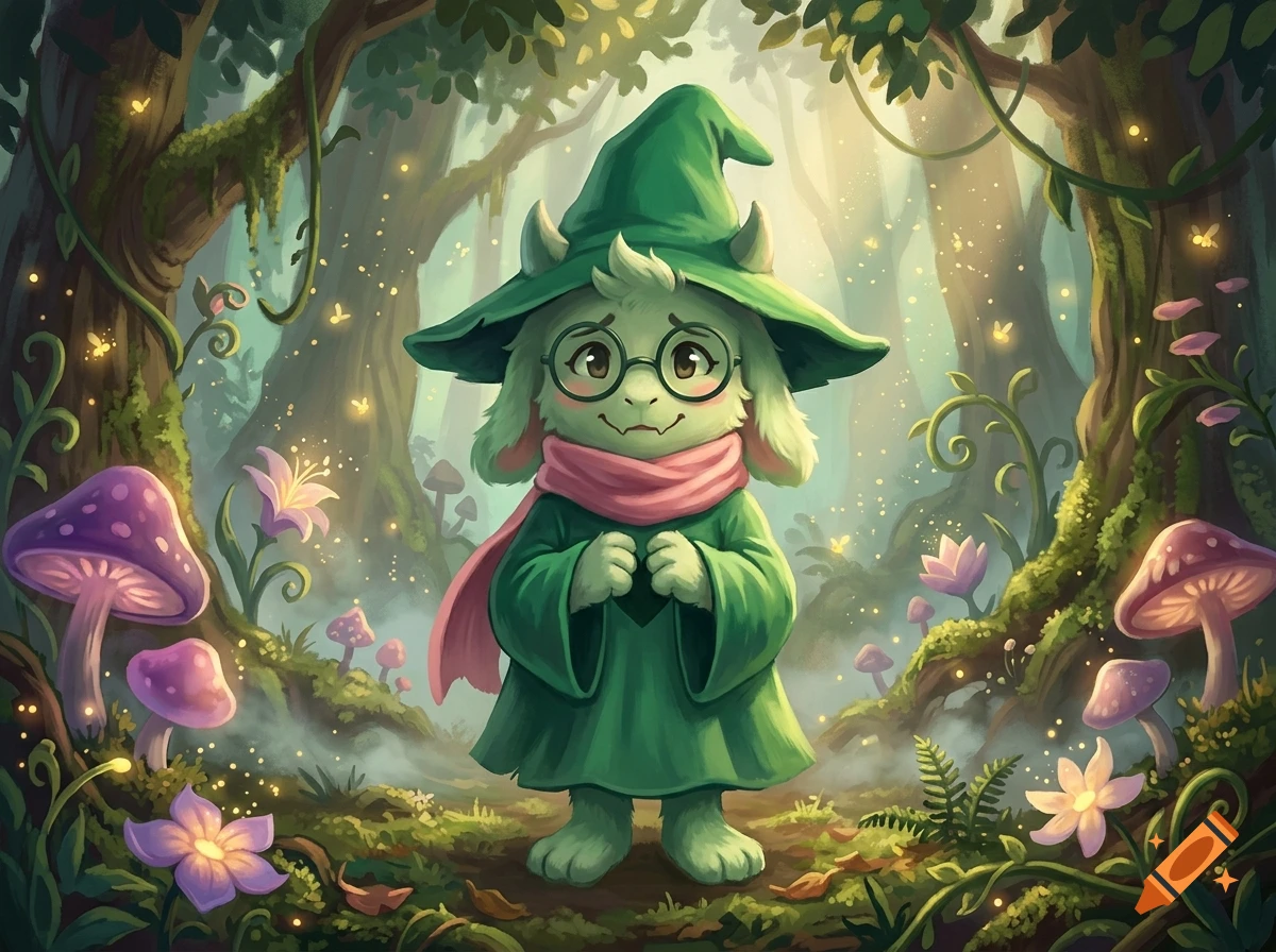 An illustrated Ralsei from Deltarune standing in a glowing, magical forest with purple mushrooms and flowers.